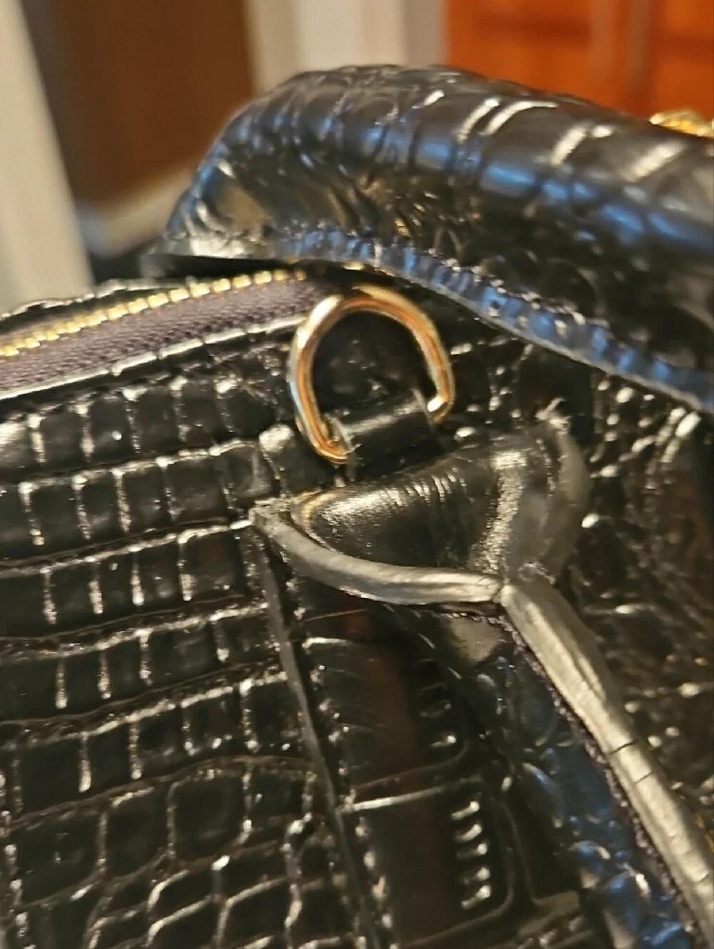 Never Carried  Black Charmes Croc-Embossed Satchel with Gold Hardware